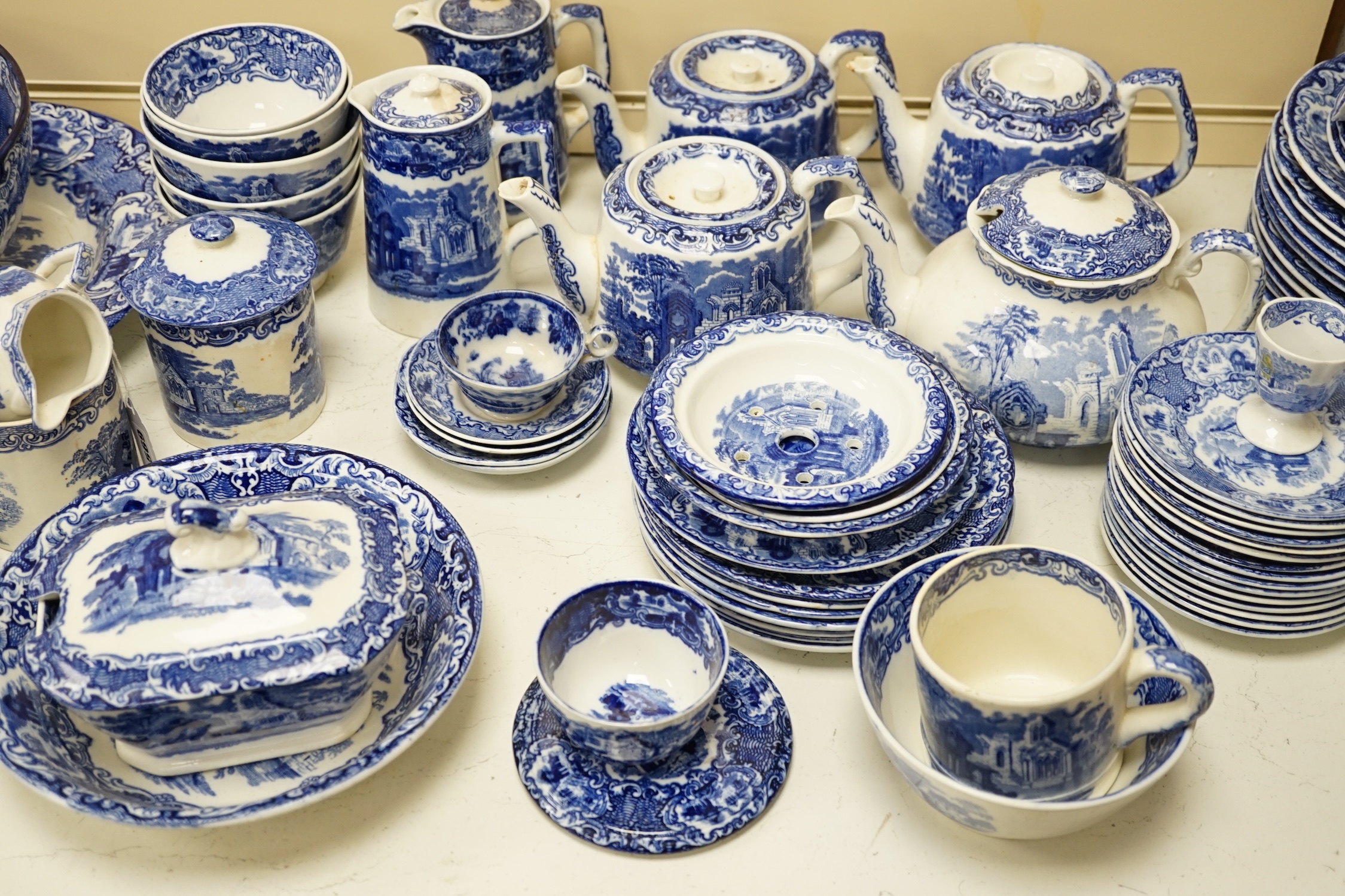 A large comprehensive collection of blue and white ‘Abbey’ dinner ware and tea ware. Condition - poor to fair to good